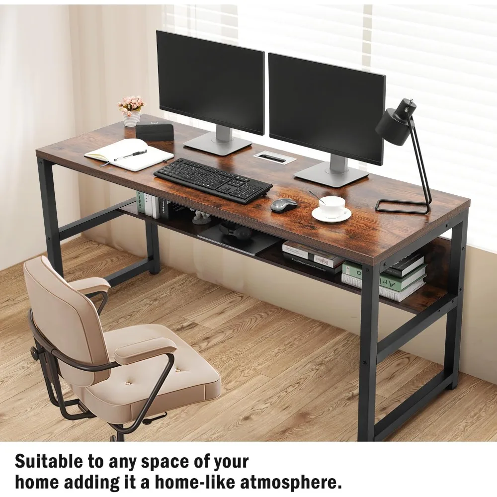 Rustic Brown Wooden Desk with Bookshelf and Metal Cable Management, 63 Thick