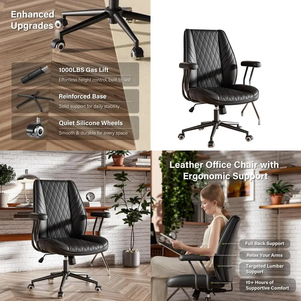 

Кожаное офисное кресло в винтажном стиле середины века с мягкими подлокотниками, бесшумными колесиками, регулируемое по высоте