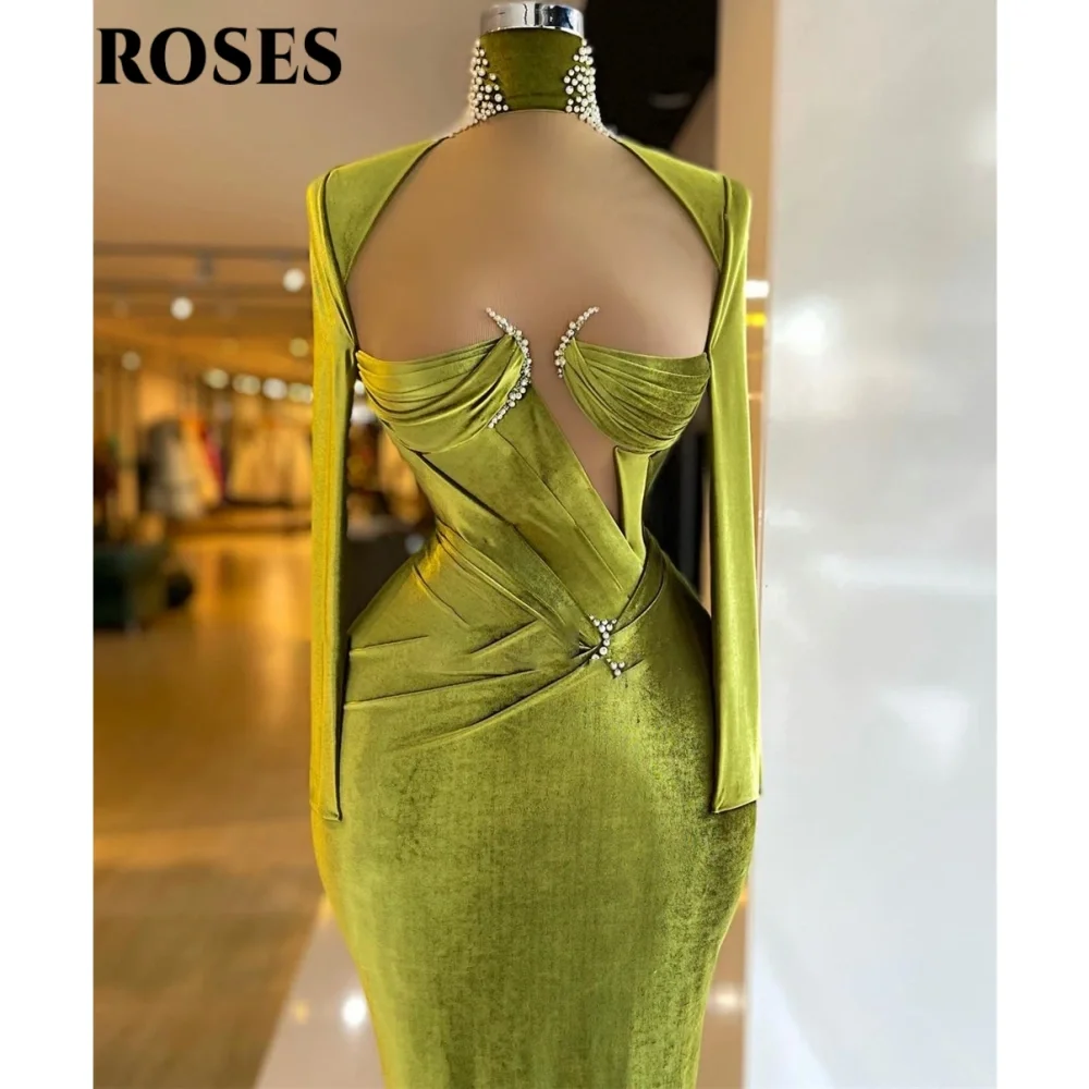 Vestidos de Noche de estilo moderno verde ROSAS, vestido de fiesta con cuello alto y perlas, mangas casquillo, vestido de fiesta hueco abiti da cerimonia