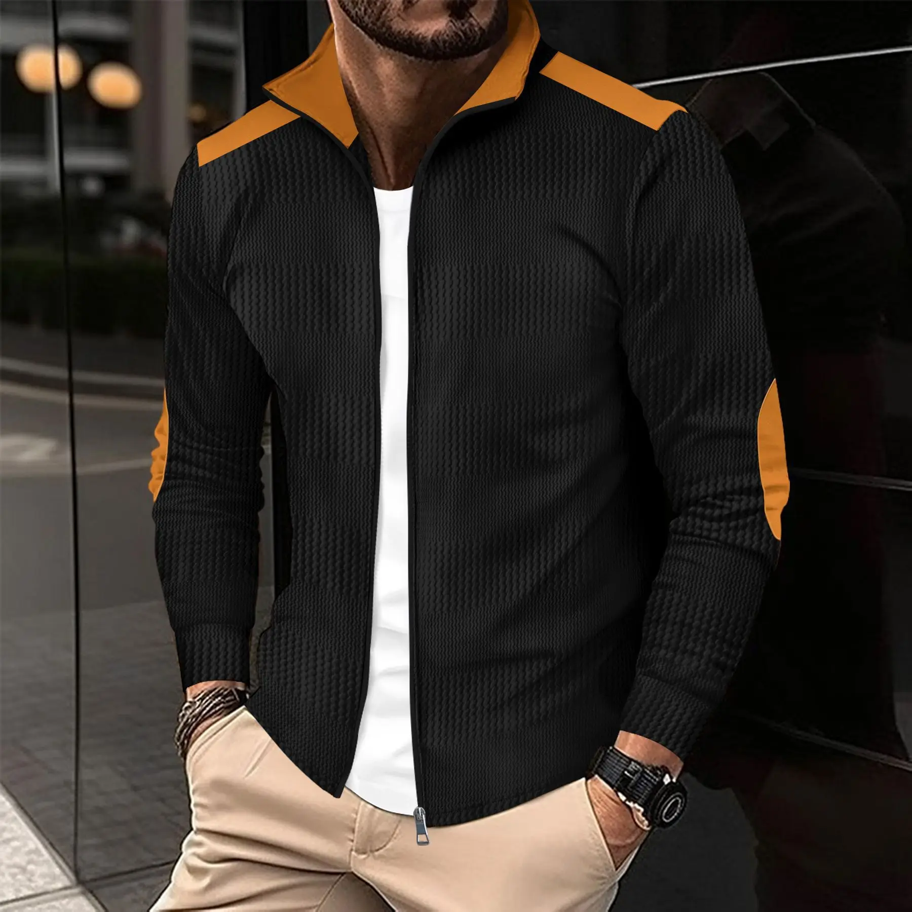 Men's spring-autumn casual jacket with youth fashion wrist color-matched collar and zipper front streetwear zipper cardigan