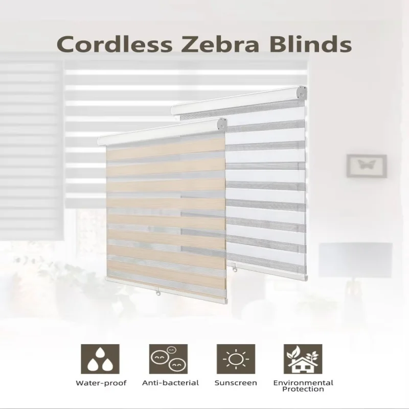 Popular aluminum cassette cordless thermal insulation waterproof dual layer manual spring control zebra blind for living room