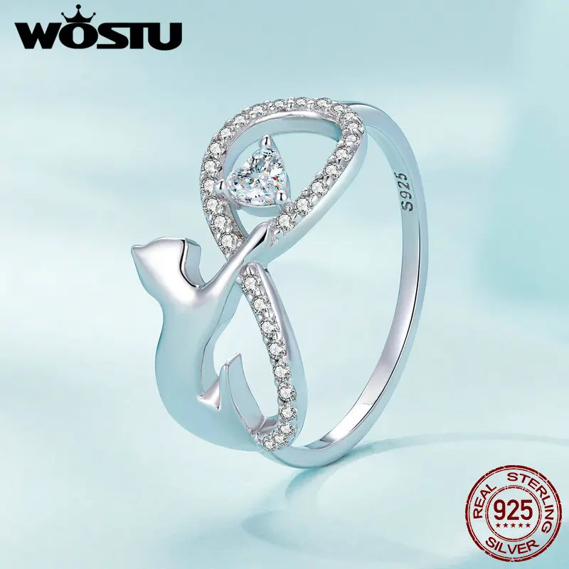 WOSTU Real 925 Sterling Silver Cat & Infinite Symbol Band Rings per le donne Clear AAA zircone Animal Pet Ring regalo di gioielli di compleanno