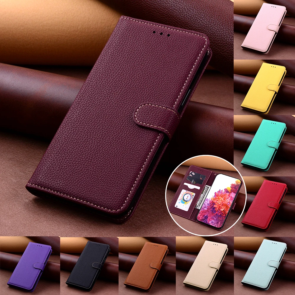 Solid Color Wallet Case for Samsung Galaxy S23 S22 S21 S20 S20FE S21FE S22 Ultra S10 S9 S8 Litchi Pattern PU Leather Flip Cover