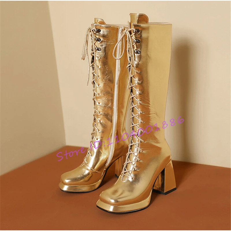

Golden Silver Platform Thick Heel Knee High Boots Women Square Toe Cross Strap Side Zipper Long Boots Fashion Party Dance Shoes