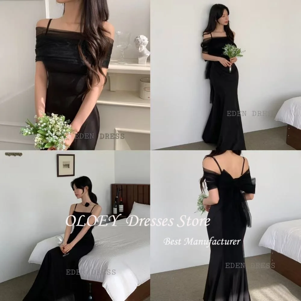 OLOEY สีดำเกาหลีชุดราตรีโบเลโรถ่ายภาพงานแต่งงานความยาวชั้นชุดปาร์ตี้สายสปาเก็ตตี้แบบกำหนดเอง
