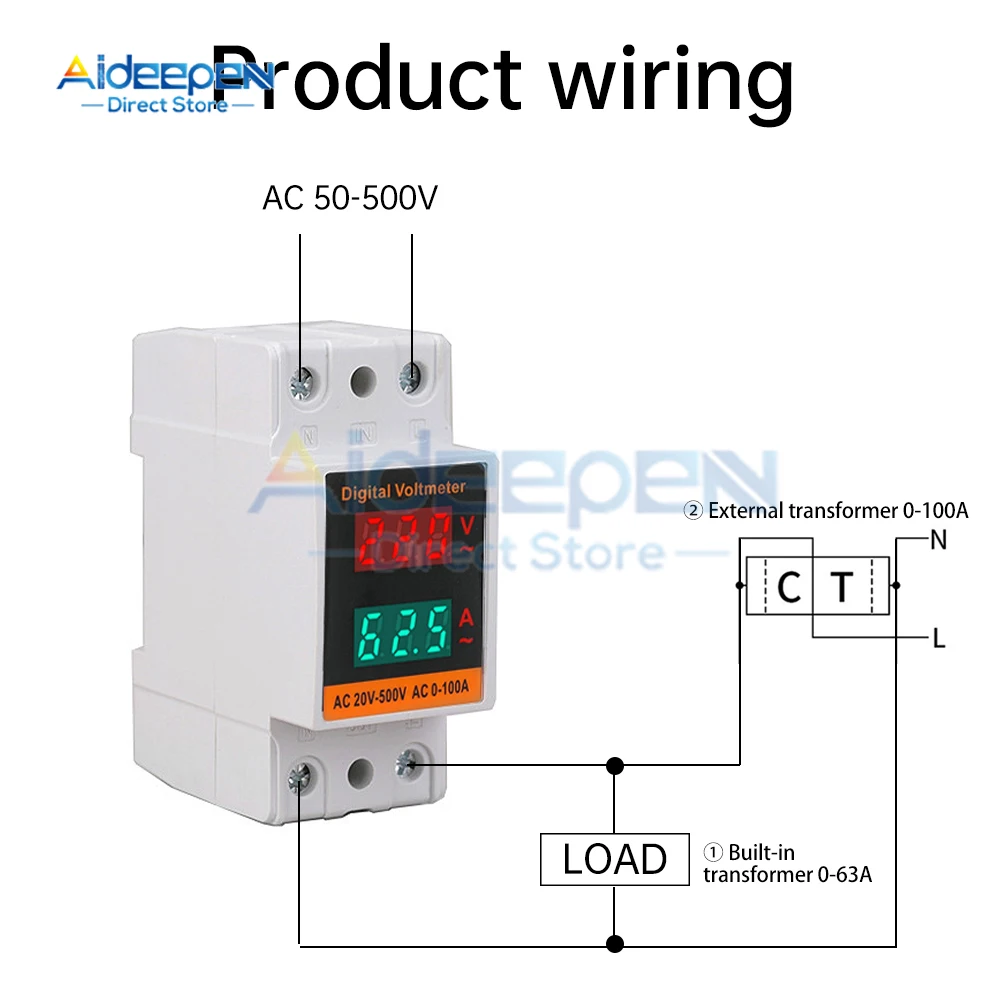 35mm Din Rail LCD Dual Digital AC Voltmeter Ammeter AC 220V 380V Electricity Meter AC 50-500V 100A Monitor Built-in Transformer