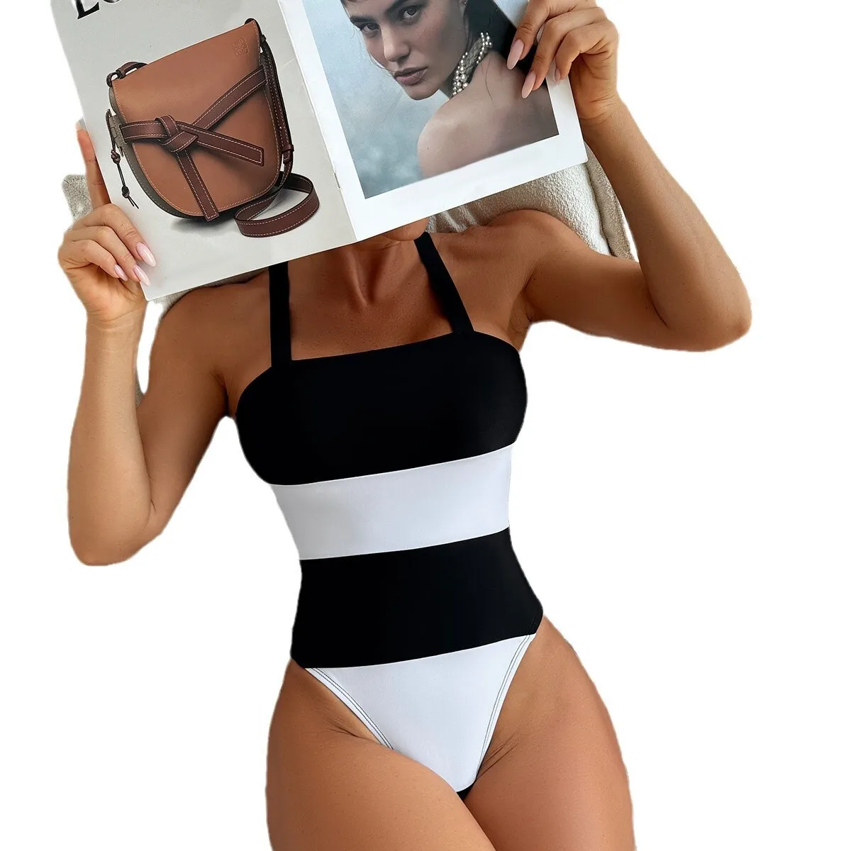 2024 New Women's Contrasting Striped Camisole One-Piece Swimsuit Spicy Girl