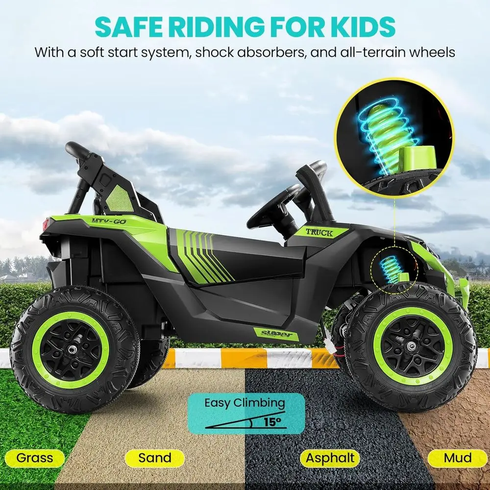 24v 2-zits rit op auto voor jongens en meisjes, UTV voor kind met ouderafstandsbediening, elektrische kindervoertuigen, off-road op batterijen, groen