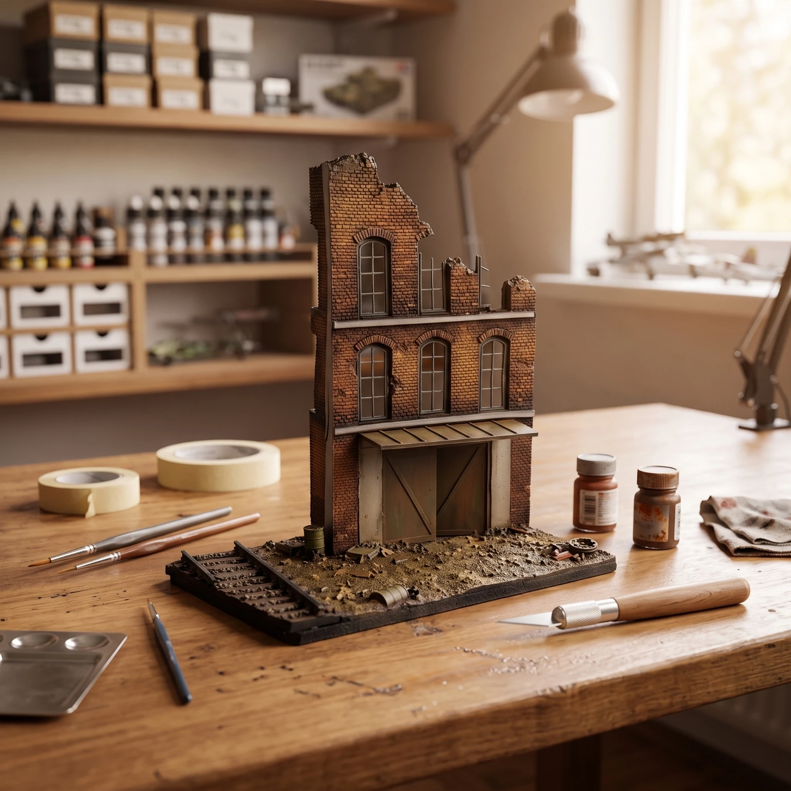 Factory Facade with Base Weathered Industrial Ruins Base Miniature Terrain Paint-Ready for Modelers, Tabletop Gaming
