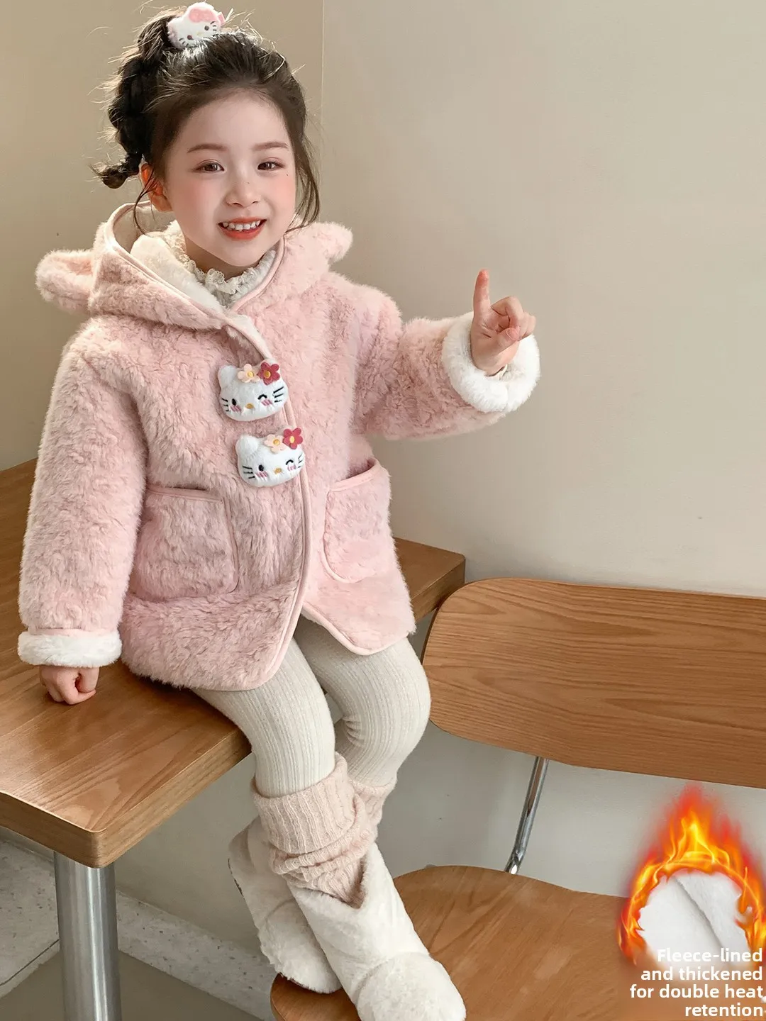 

Thiened Fce KT Jaet для маленьких девочек, зимнее новое поступление, милый длинный све для маленьких девочек, теплый пушистый топ, сладкий сле