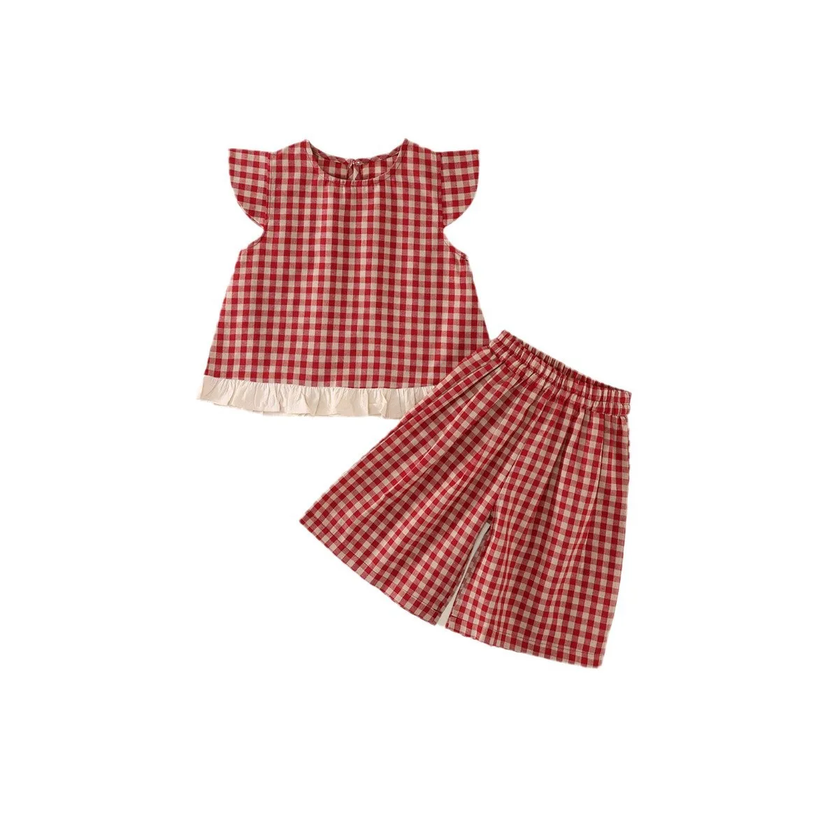 Summer Children's Red Checkered Clothing Set Top And Wide-Leg Pants Collection for Small to Medium Kids