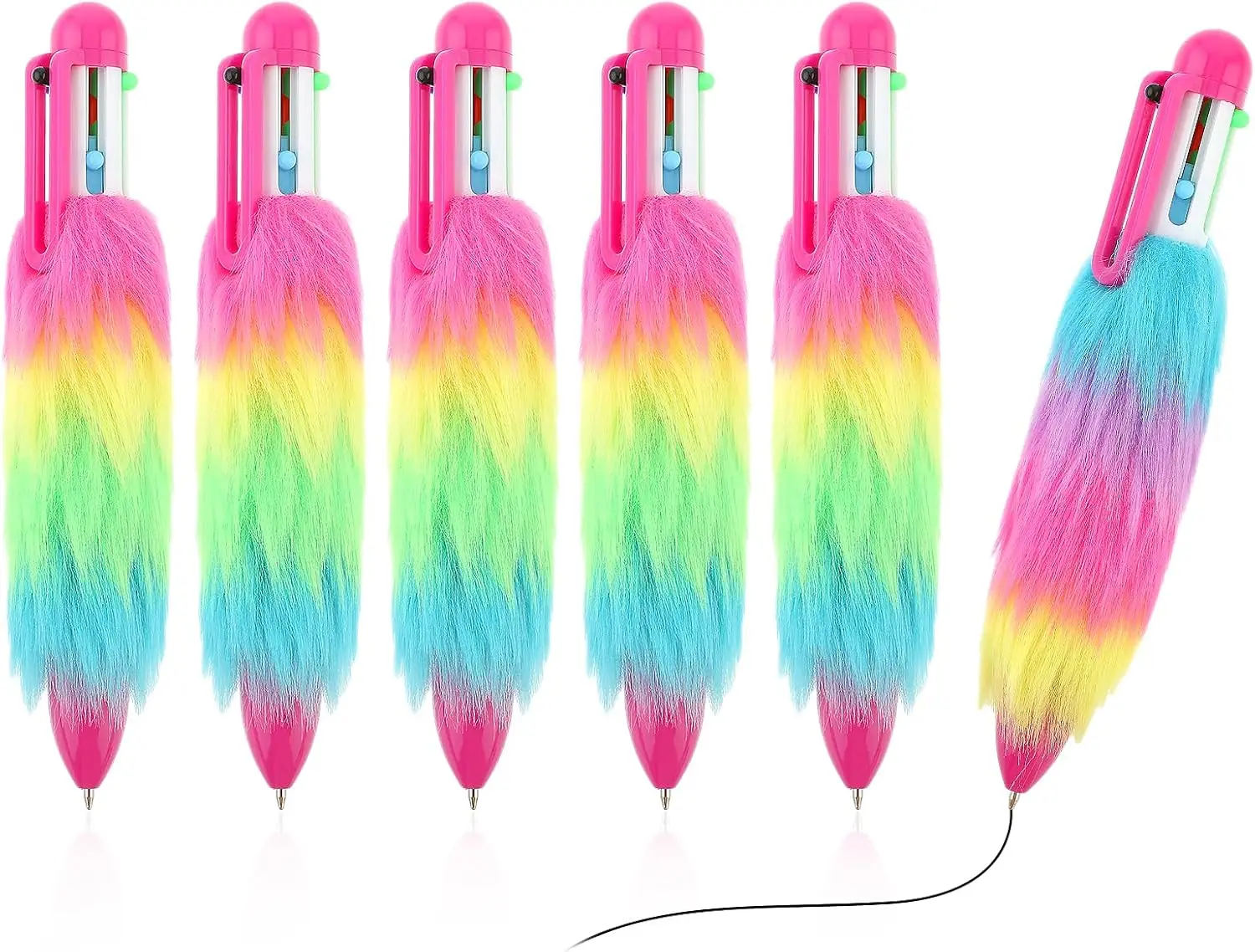 6pcs Wholesale 6-in-1 Furry Ballpoint Pen Novelty rainbow plush multi-color pen for student-teacher's office school supplies