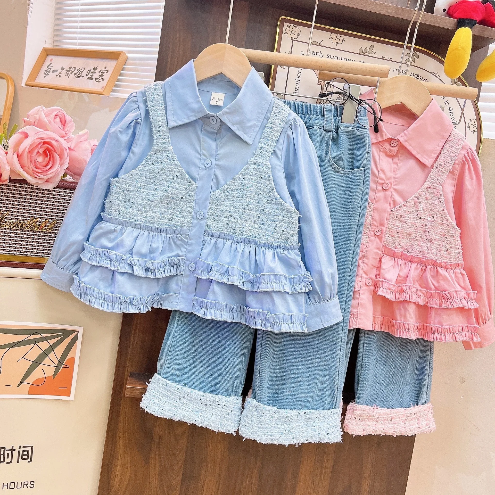 

Комплекты одежды для девочек, весна-осень 2023, детские хлопковые рубашки принцессы, джинсовые штаны, милый костюм из 2 предметов для детского платья, топы, наряды для детей