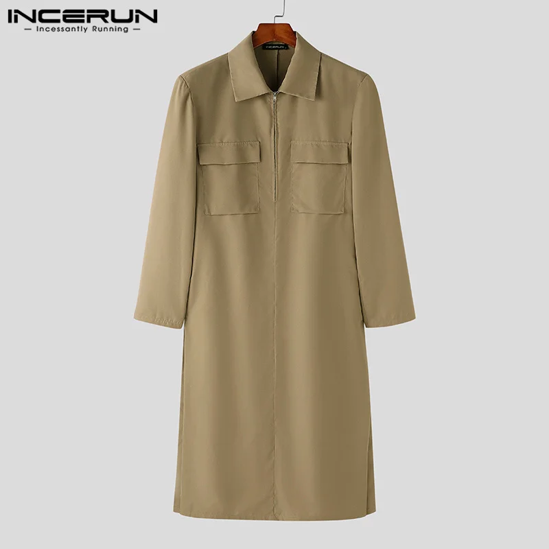 INCERUN Men Casual Coats 2026 Simple Solid Pockets Male Trench Zipper Long Sleeve Tops Solid Elegant Vintage Style Outerwear