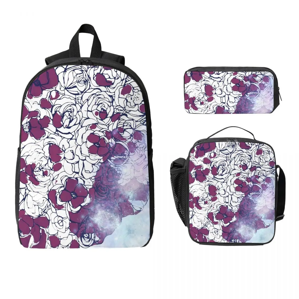 Space Flowers Backpack Student Boys Girls BookBag School Bag Computer Shoulder Bags 3ps Insulated Lunch Bag Pencil Case