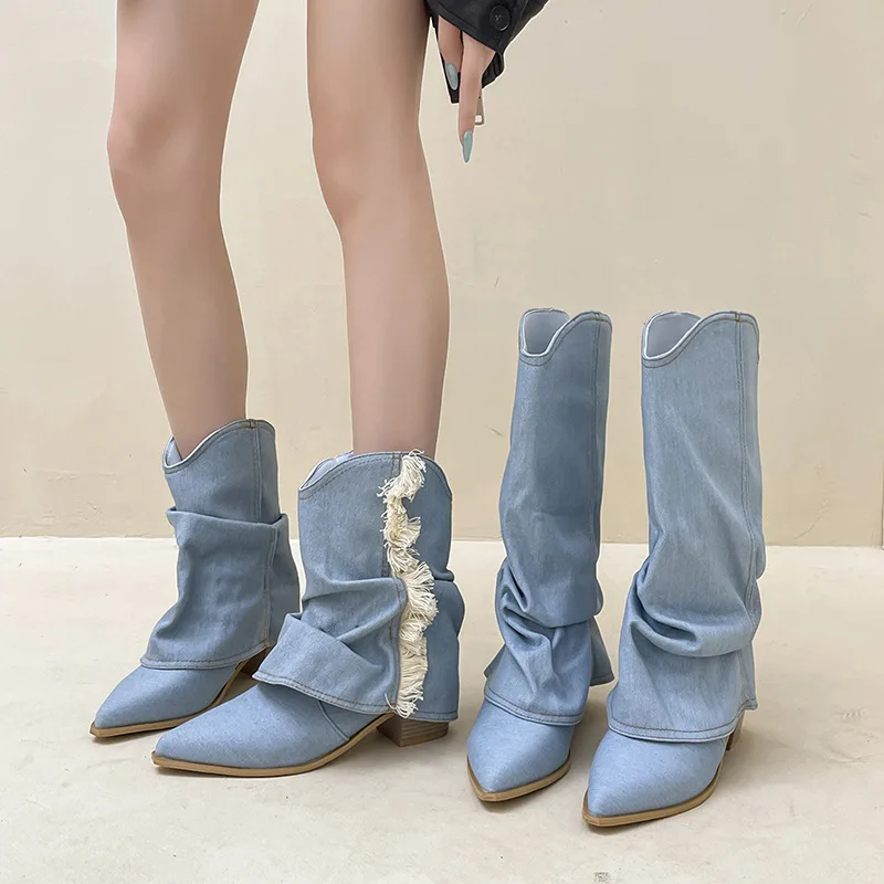 

Autumn Winter Vintage Versatile Denim Boots Stylish Ruched Design Chunky Heel Pipe Boots Pointed Toe Slimming Fashion Boots