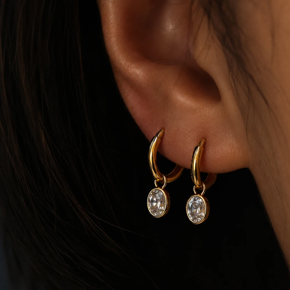 Multicolour Oval Zircon Pendant Hoop Earrings for Women Gold Plated Stainless Steel Hoops Huggie Earring Jewelry Waterproof