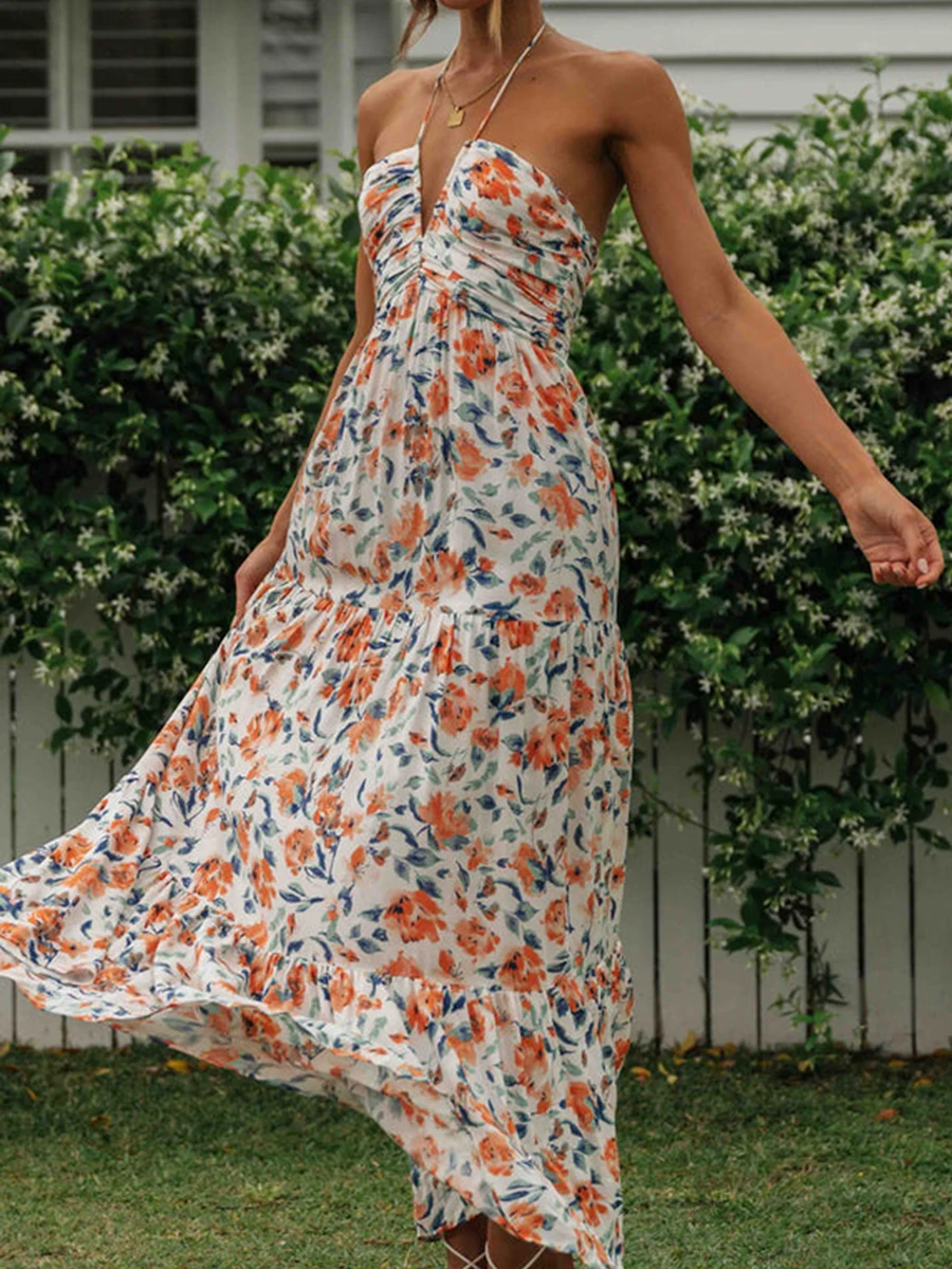 New Fashion Women Long Dress Elegant Sleeveless Tie-Up Halterneck Floral Dress Summer Swing Dress Hot Sale S-XL