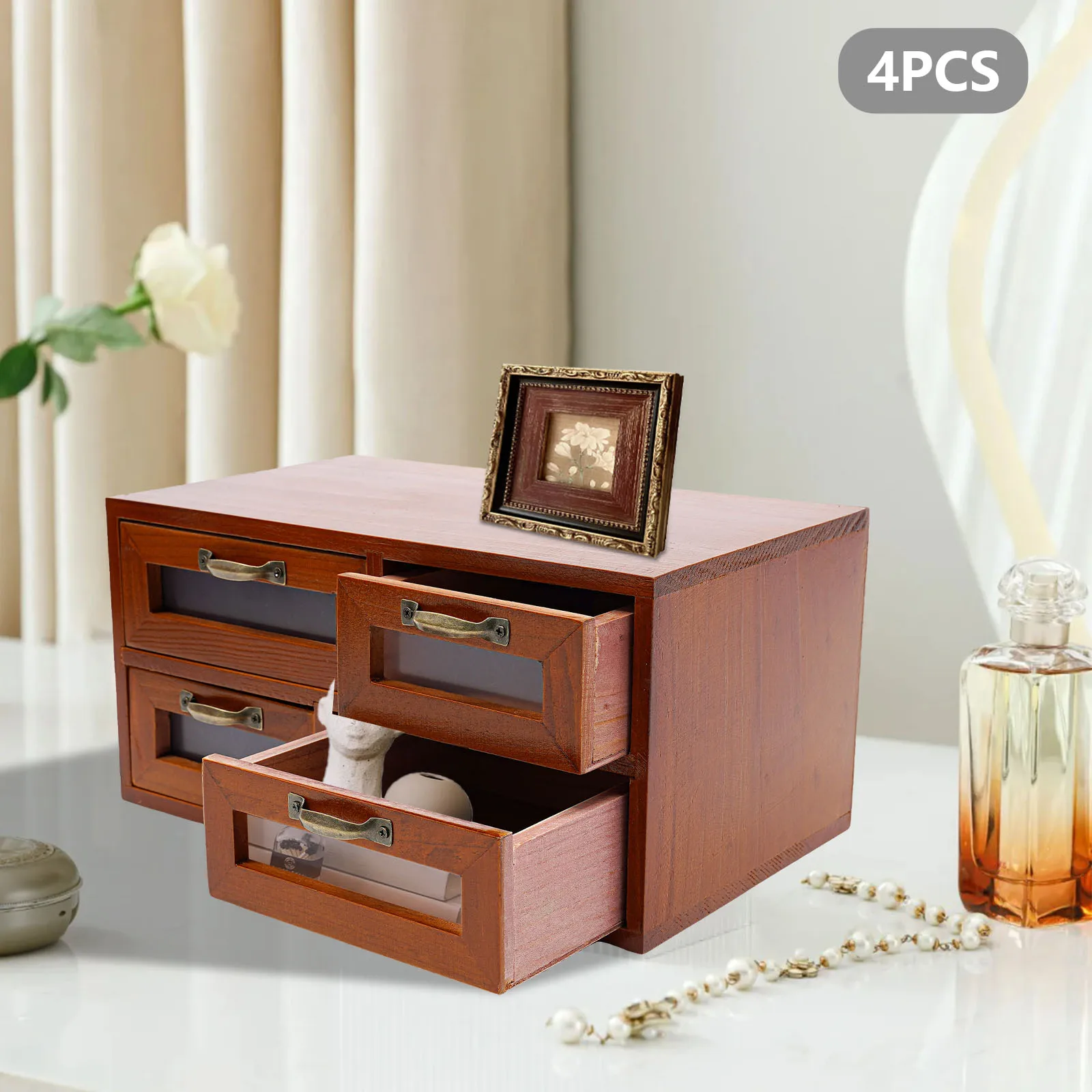

16 Drawers Wooden Storage Box, Vintage Wood Multi Drawer Storage Organizer, 4 Pieces 4-drawer Desktop Drawer Organizer with Handle & Clear Window