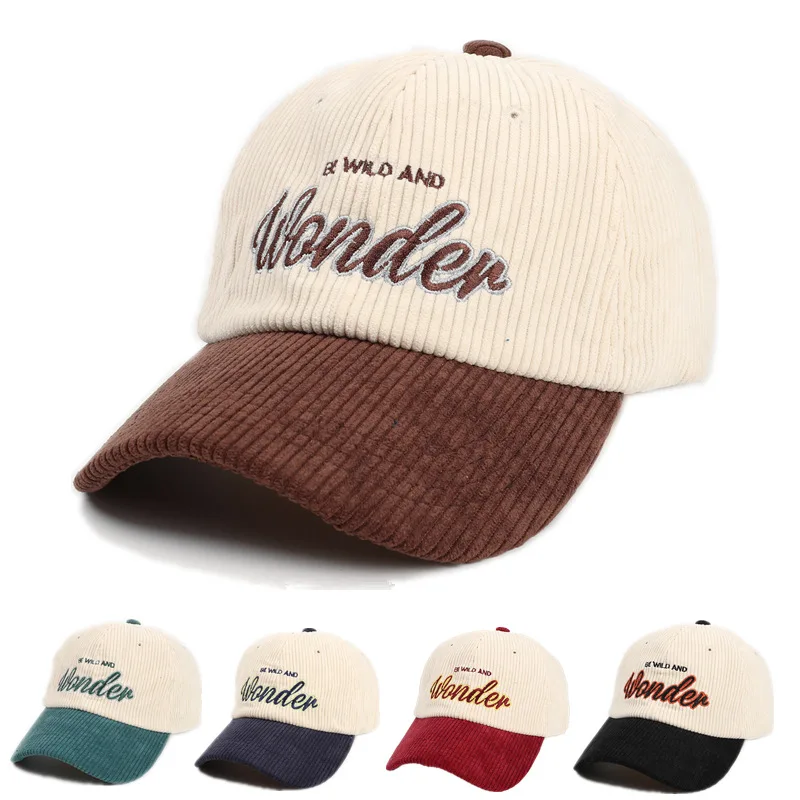 Farbblockierte Baseballkappe aus Cord, Entenschnabelkappe mit Buchstabenstickerei im Herbst und Winter, vielseitige Freizeithut