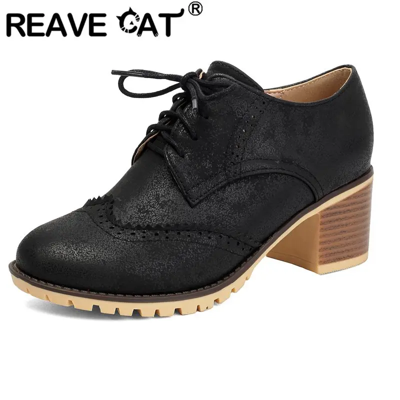 

REAVE CAT Red Women Pumps Round Toe 6cm Block Heel Lace Up Breathable Leisure Daily Shoes Plus Size 41 42 43 Handmade Footwear