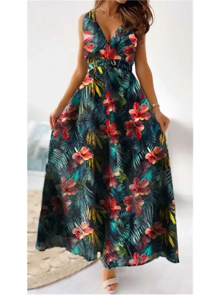 New Summer Women Dress Printed Backless Spaghetti Strap Dresses Fashion V Neck Sleeveless Casual Elegant Dresses Robe Femme