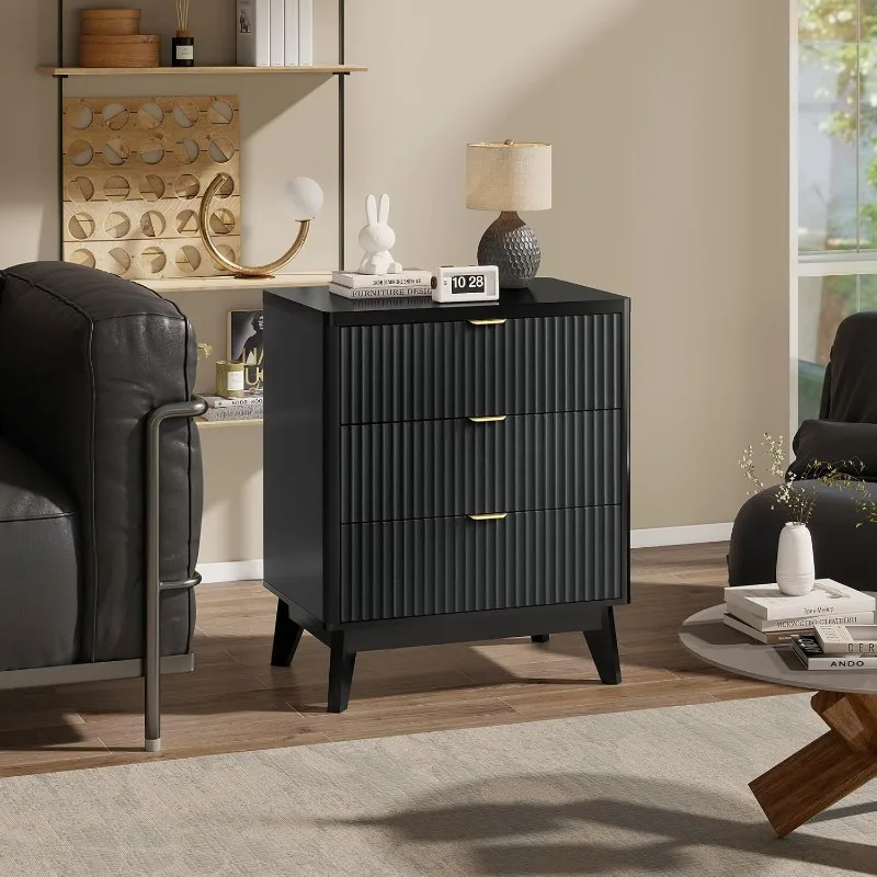 플루티드 나이트스탠드 3서랍 드레서, 모던 우드 침대 옆 테이블 곡선형 프로파일, 플루티드 드레서 & 우드 서랍