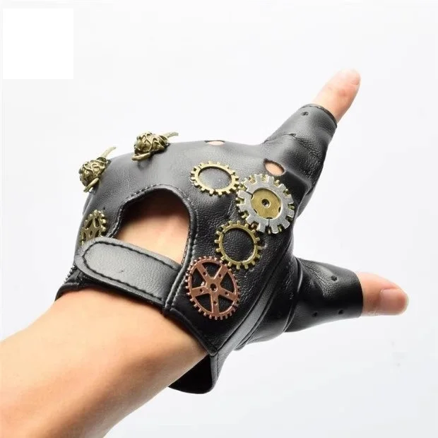 Steampunk PU Leather Fingerless Compass Gloves Men Women Fashion Hip Hop Punk Gloves Half Finger Gloves