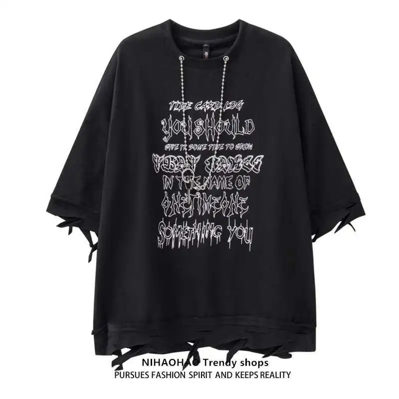 

Gothic Punk Man Women Letter Print T-shirt American Cool Street Cut Edge Distressed Short Sleeve T-Shirt Necklace Decoration