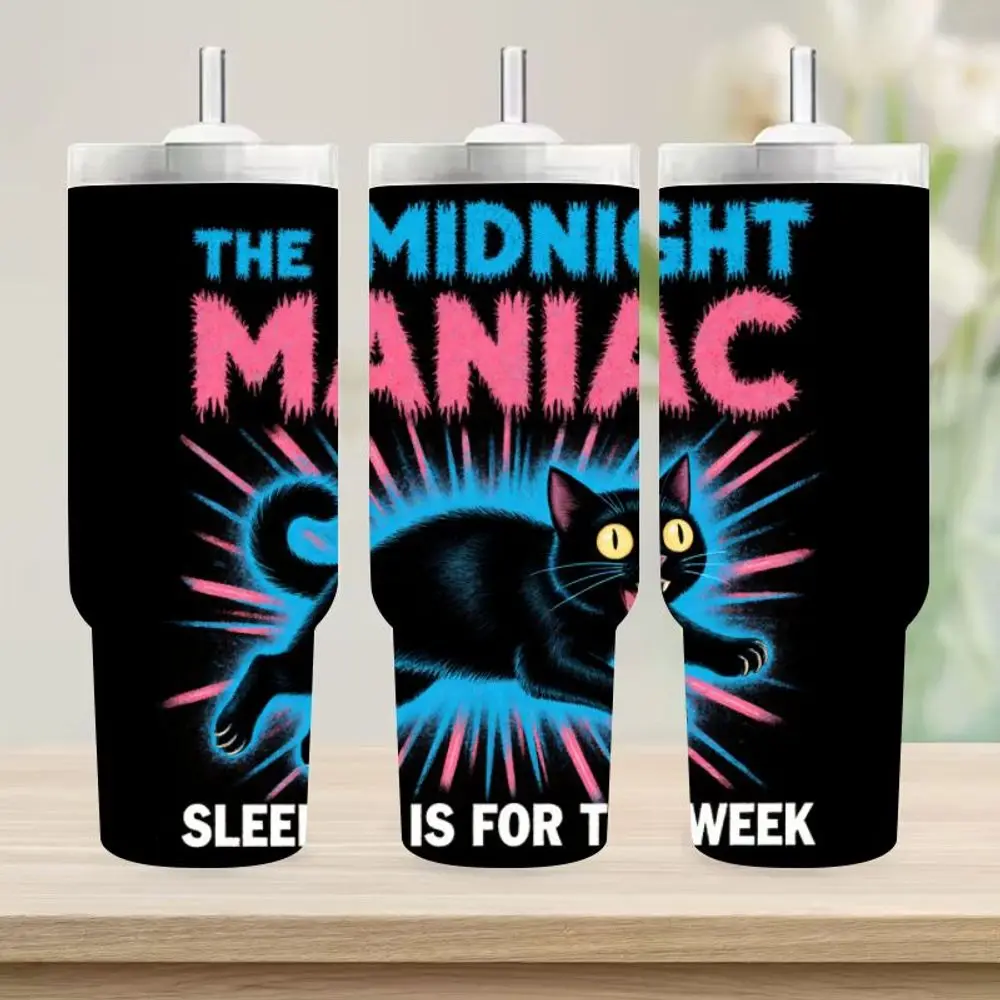 

1 шт., изолированная дорожная кружка The Midnight Maniac, 40 унций, черный кот с желтыми глазами, кофейная кружка с двойными стенками, крутая автомобильная кружка, Outd