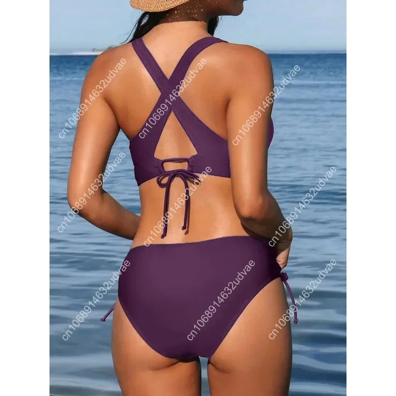 Bikini Set for Women Two Piece Swimsuit V Neck Triangle Top Wide Straps Cross Back Lace up Mid Rise