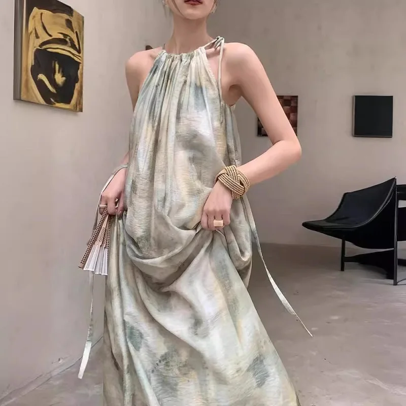 New Chinese Sleeveless Halo Green Unique Halving Dress Female 2024 French Retro Oil Painting Faintes Lazy Style False Long Dress