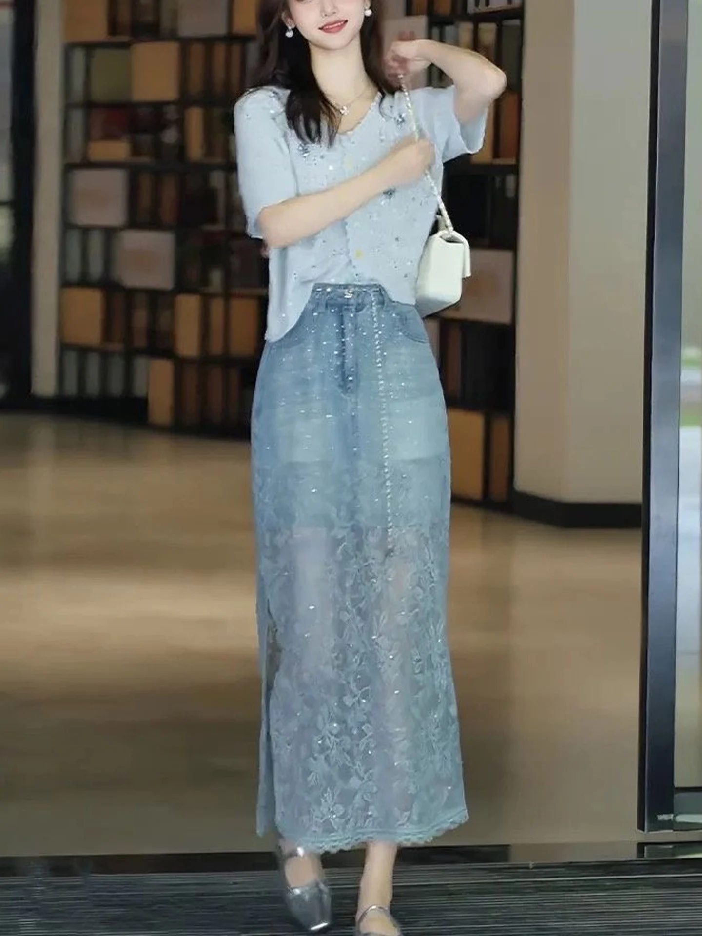 Retro Lace Splice Denim Skirt High Waist A-Line Side Slit for Women Mesh Semi-Transparent Sequin Embellished Korean Style