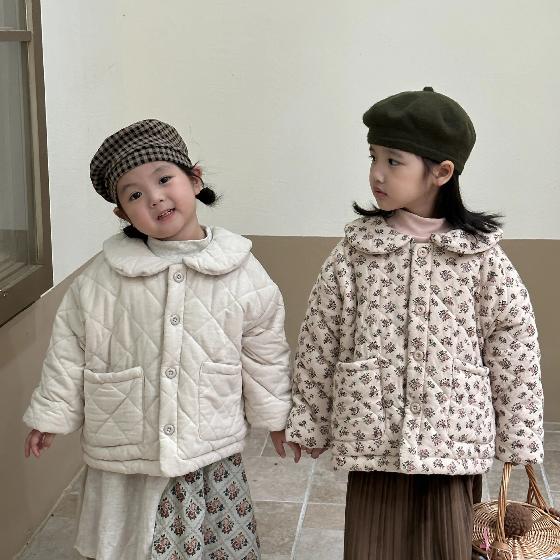 Korean girls' cotton jacket with winter doll collar and thick fluff, crushed flower children's clothing cotton jacket, new baby