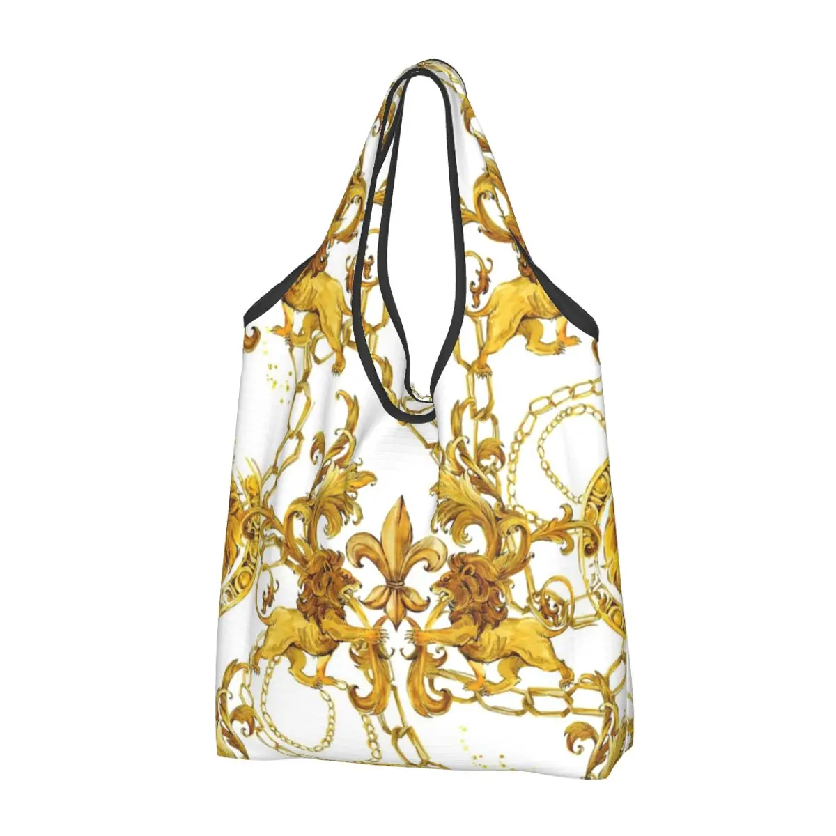Reusable Golden Lion Luxury Pattern Shopping Bag for Groceries Foldable Grocery Bags Washable Large Tote Bags