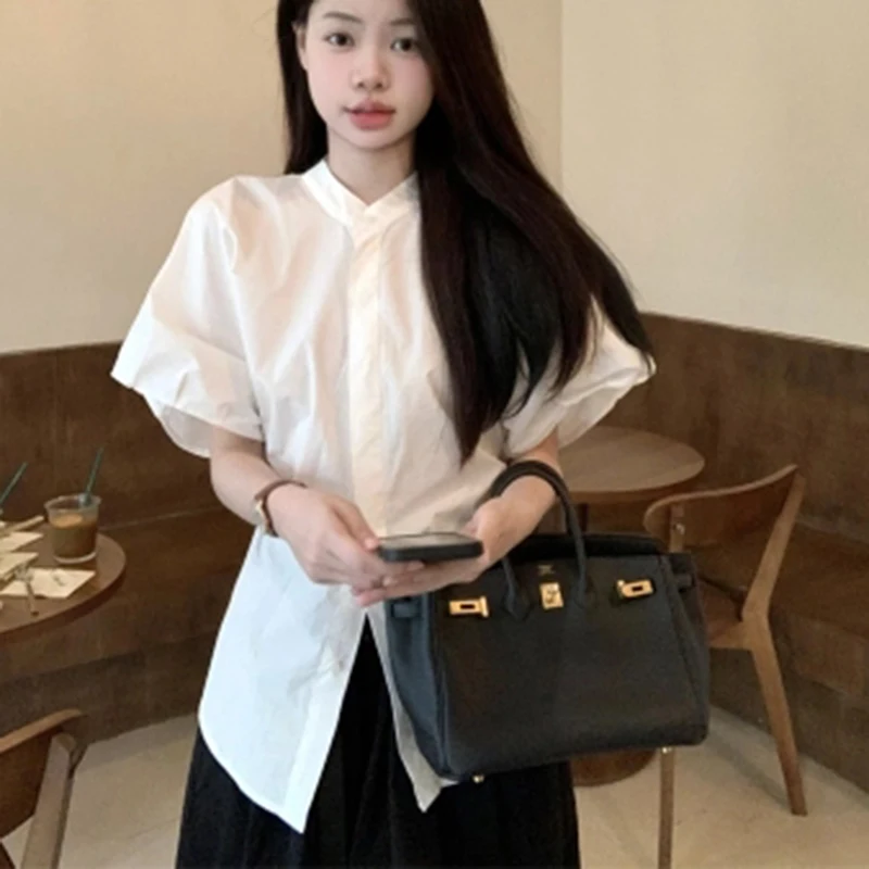 Reine Baumwolle Koreanische Frauen Hemd Sommer Weiß Preppy Puff Sleeve Lose Stricken Bluse Student Casual Süße Stehkragen Chic Neue Tops