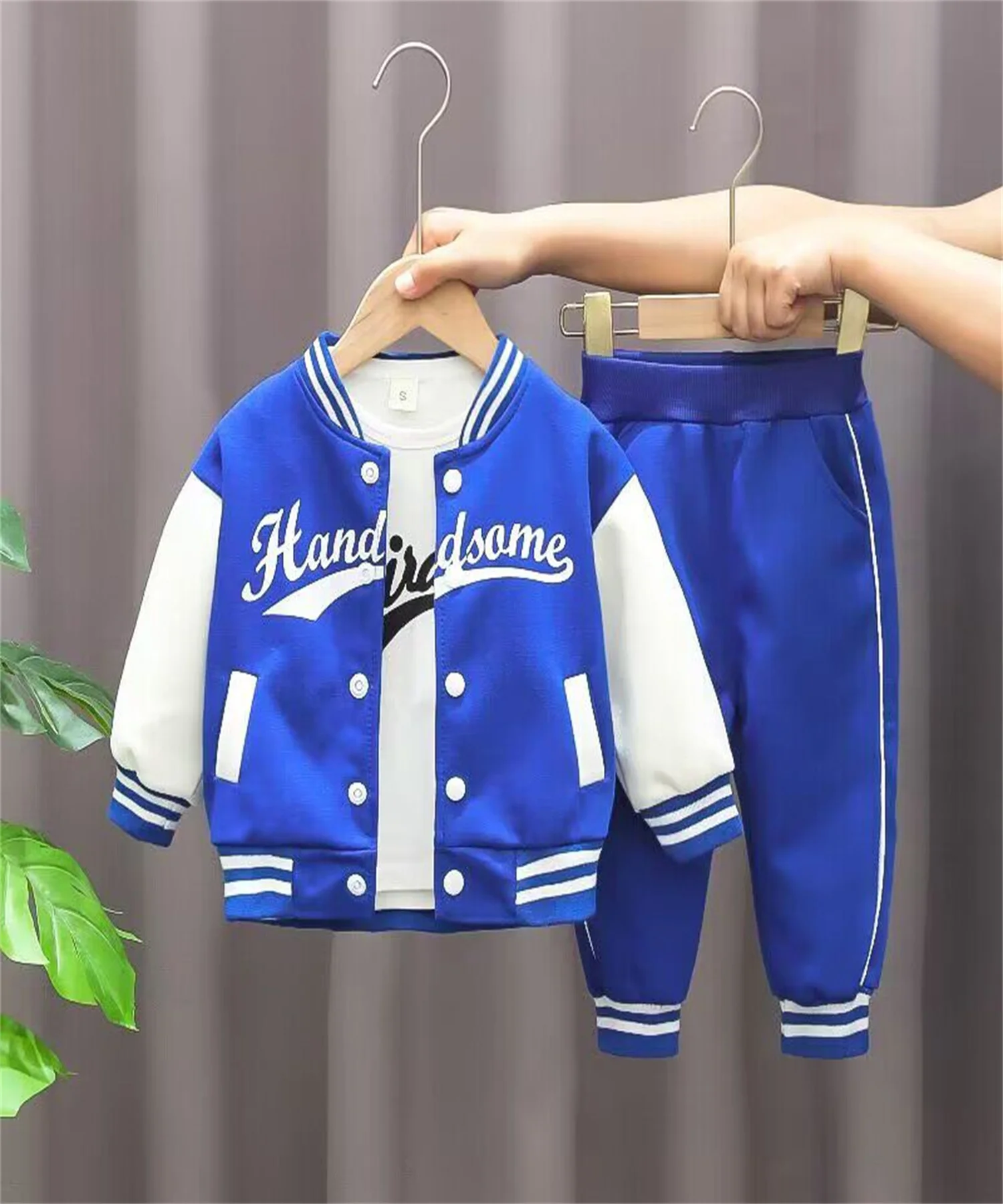 Toddler Boys 3Pcs Color Block Varsity Tracksuit Letter Print Button Baseball Jacket White Tee Striped Cuff Jogger Pants Kids Set