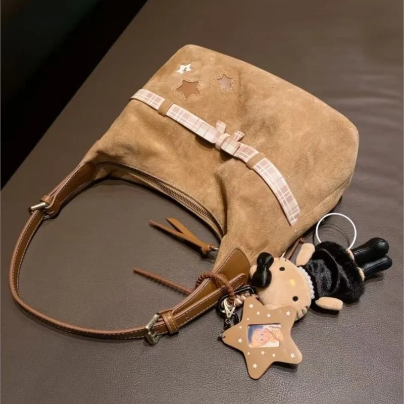 JIAERDI Sweet Cute Bow Star Tote Bag Women Large Capacity Brushed Shoulder Bag Ladies Retro Versatile Commuter Underarm Bag 2025