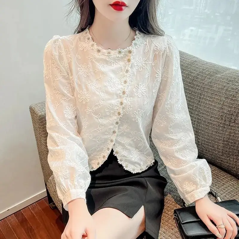 Temperament Sping Autumn New Women\'s Solid O-Neck Button Lace Jacquard Weave Korean Fashion Long Sleeve Pullovers Shirts Tops