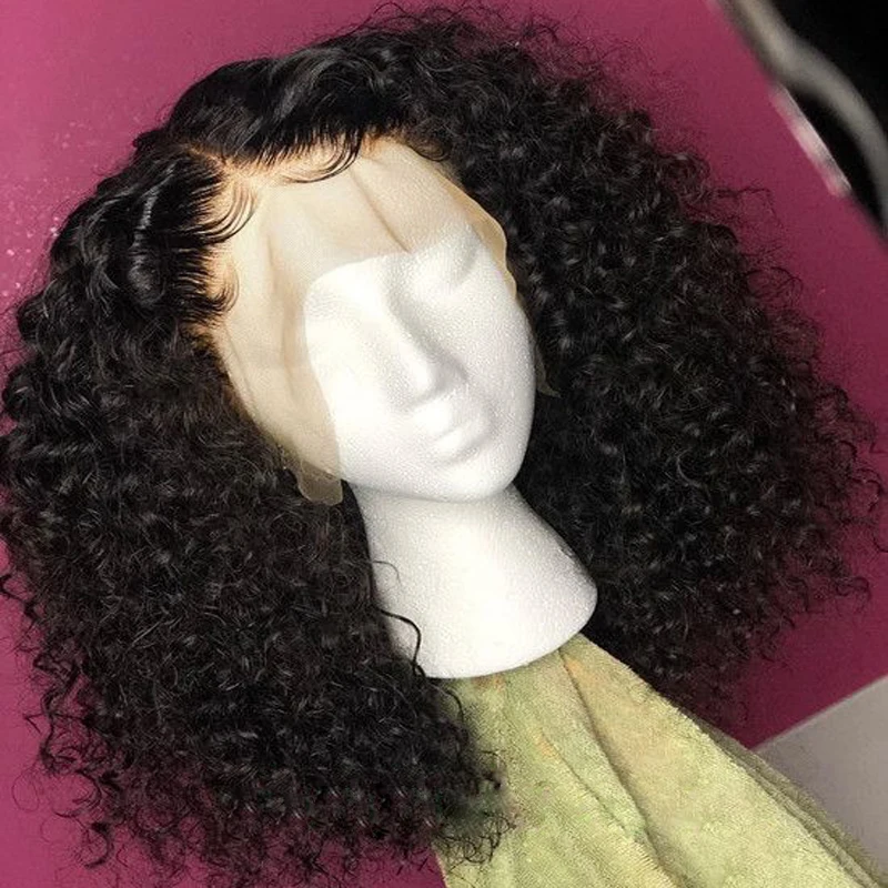 Peruca dianteira do laço longo Kinky Curly para mulheres, preto natural, cabelo do bebê, resistente ao calor, pré-arrancadas, sem cola, diariamente, 26 ", 180 Densidade