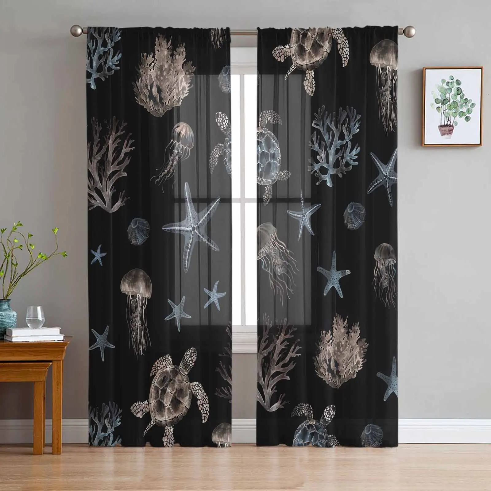 

Marine Creatures Turtles Starfish Corals Jellyfish Sheer Curtains for Living Room Modern Tulle Curtain Bedroom Voile Drapes