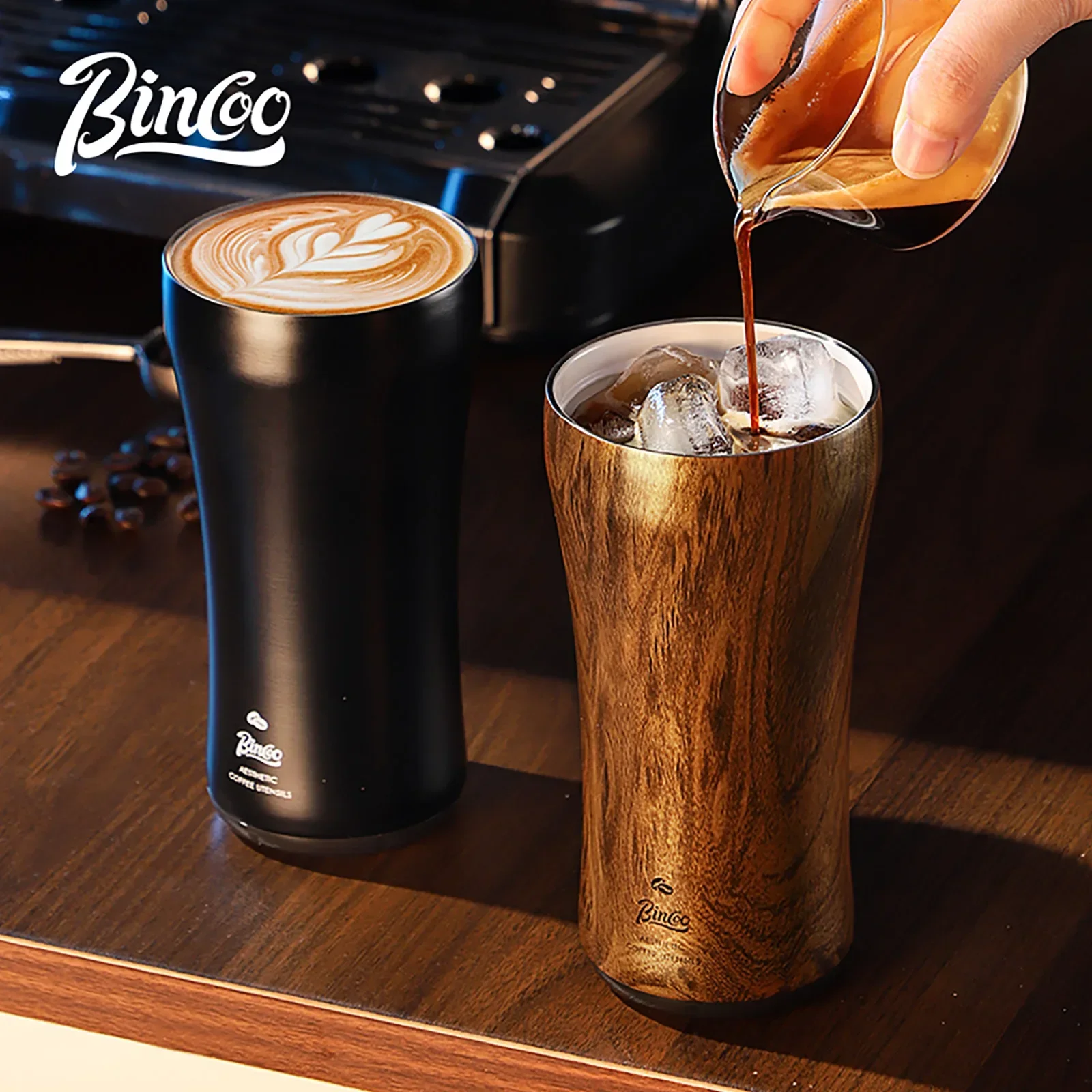 Bincoo Wood Grain Coffee Cup High-End Exquisite Take-Out Coffee Tumbler 316 Stainless Steel Ceramic Thermos Cup