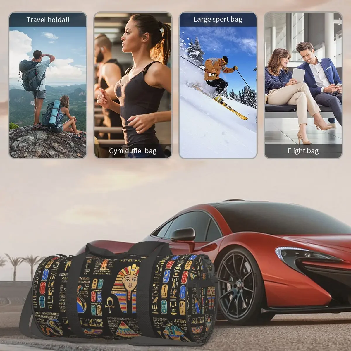 الهيروغليفية المصرية والآلهة على أسود كبير واق من المطر حقيبة قاعة رياضة متعددة الوظائف واق من المطر حقائب السفر حقائب اللياقة البدنية