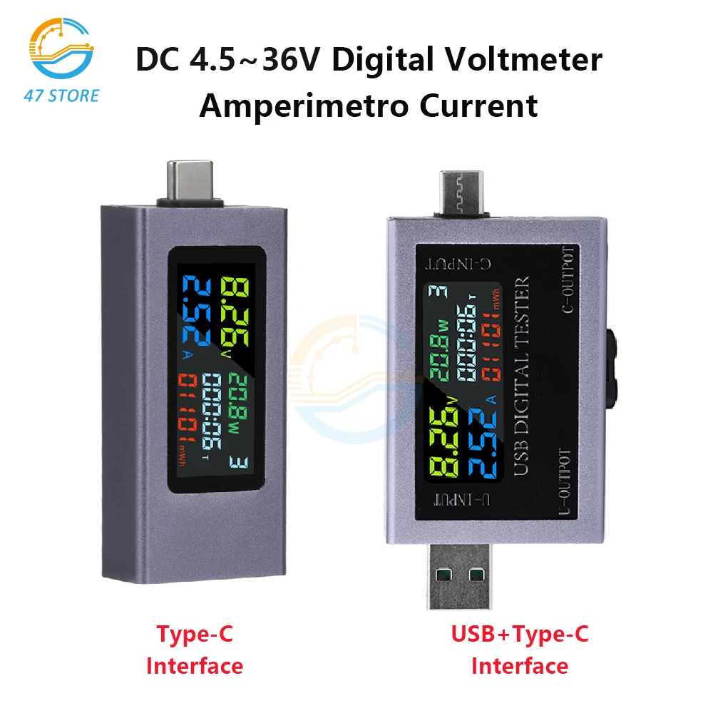 USB+Type-C Multi-function Digital Display DC Voltage Ammeter Power Meter DC 4.5~50V Voltmeter Ammeter Charger Capacity Tester