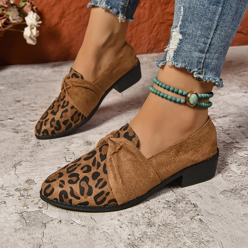 2024 New Leopard Women Chunky Loafers Shoes Suede Fashion Mid Heels Walking Shoes New Brand Pumps Casual Dress