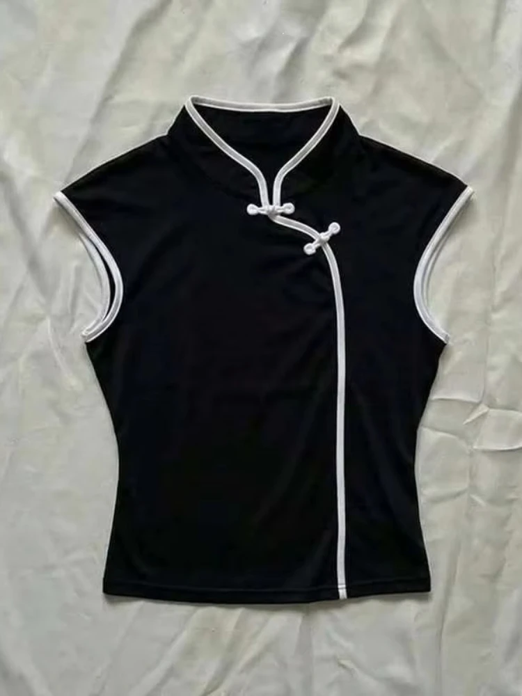 Fashion Trend Qipao Sleeveless Top White Edge Trim Chinese Knot Closure Stretch Daily Casual Subculture Slim-fit Vintage Shirt