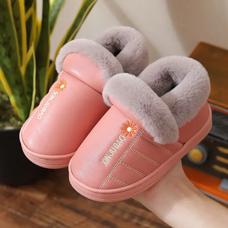 Home Children Cotton Slippers PU Leather Waterproof Winter Warm Shoes Cotton Shoes Kids Shoe for Girl Anti Slip Tenis De Mujer