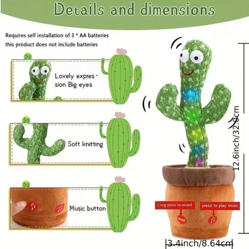 2024 New Imitation Dancing Plush Cactus Talking Toys Repeat Singing Sunshine Cactus Baby Parts Song Sound Singing LED Recording