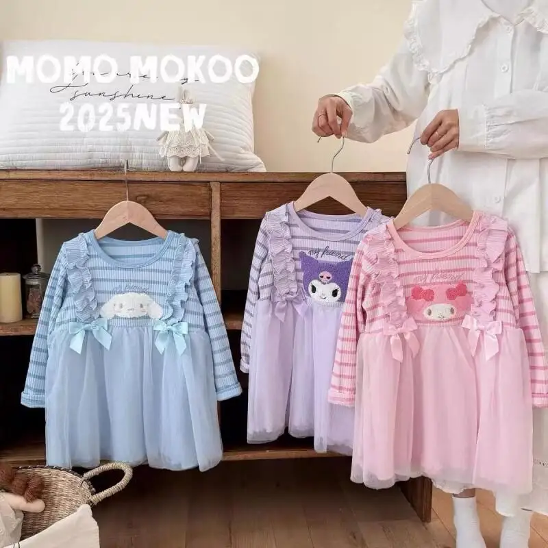 

Sanrio Kuromi Melody Spring Autumn Long Sleeve Princess Dress Girls Cute Cartoon Stripe Pattern Cotton Soft Skirt for Kids