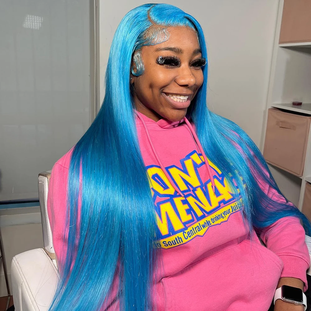 

Light Blue Lace Frontal Human Hair Wigs Bone Straight Colored Brazilian 13x6 HD Transparent Lace Front Wig For Women Pre Plucked